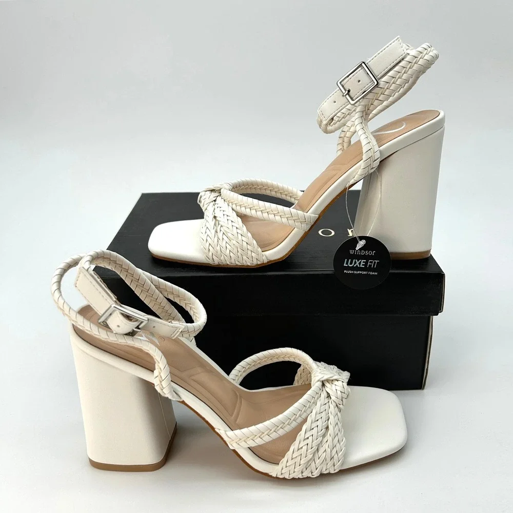 Windsor Chic Steps Womens Block Heels Sz. 6 White Braided Ankle Wrap Elegant NEW